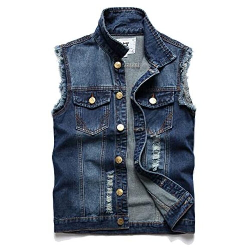 Mens Denim Vest Sleeveless Jacket Slim Fit Ripped Jean Vest Casual Summer Jacket - Picture 1 of 8